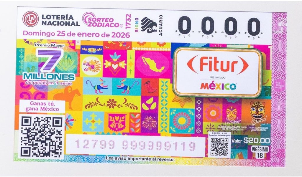 Billete conmemorativo del Sorteo Zodiaco No. 1732 para celebrar la designación de México como País Invitado en FITUR 2026.