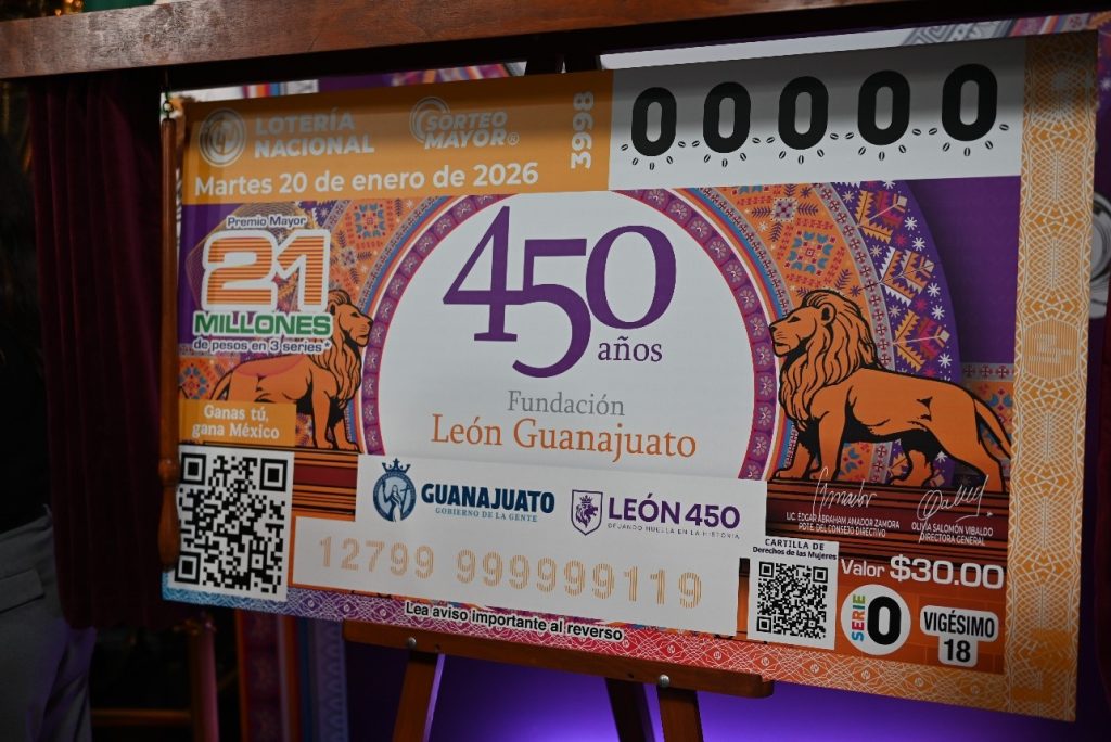 Billete de Lotería que conmemora los 450 años de la fundación de León, Gto.