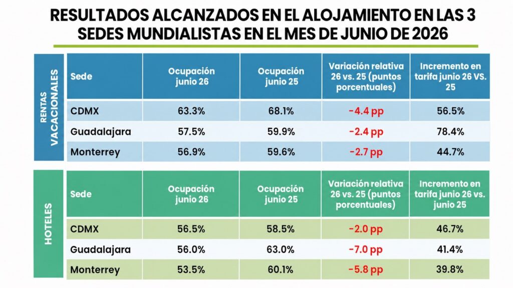 Resultados de alojamiento en las 3 sedes mundialistas de México en el mes de junio 2026.